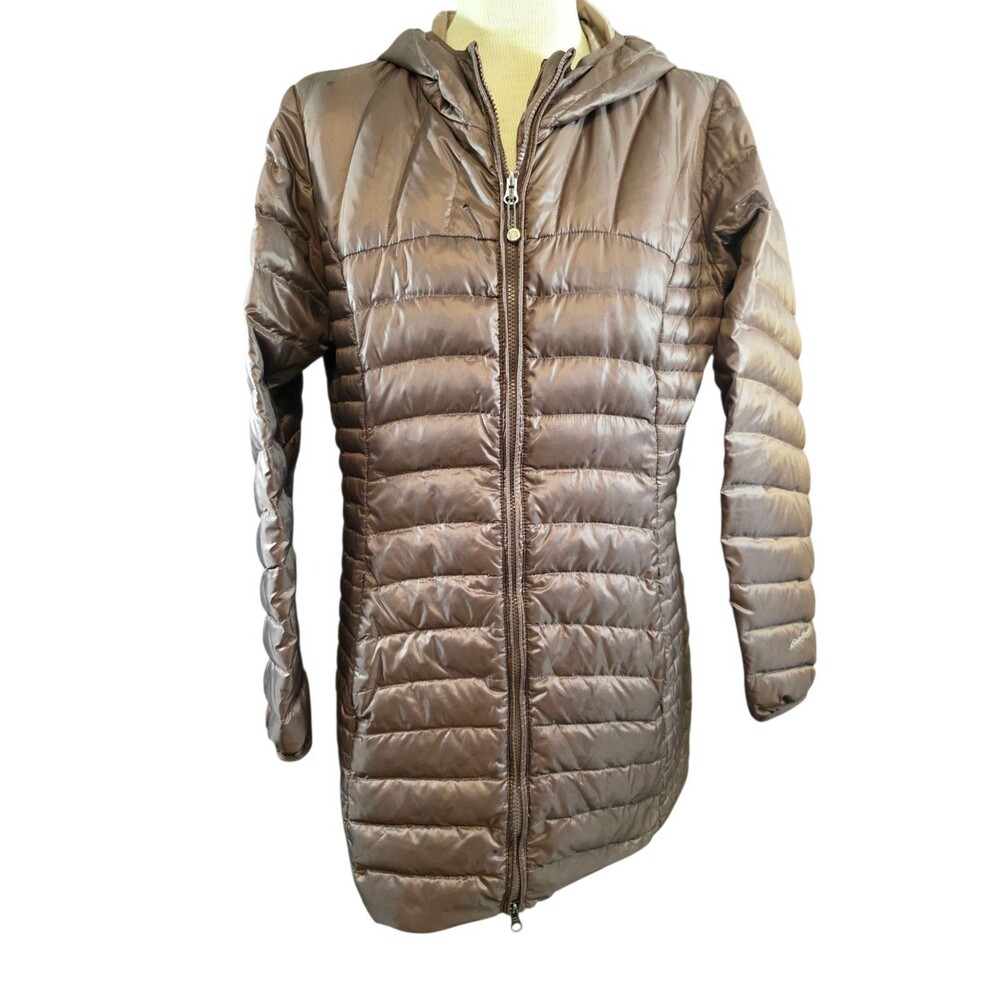 Eddie Bauer Coat Womans Large  Down Puffer Down Jacket Long Zip Hooded Outdoor